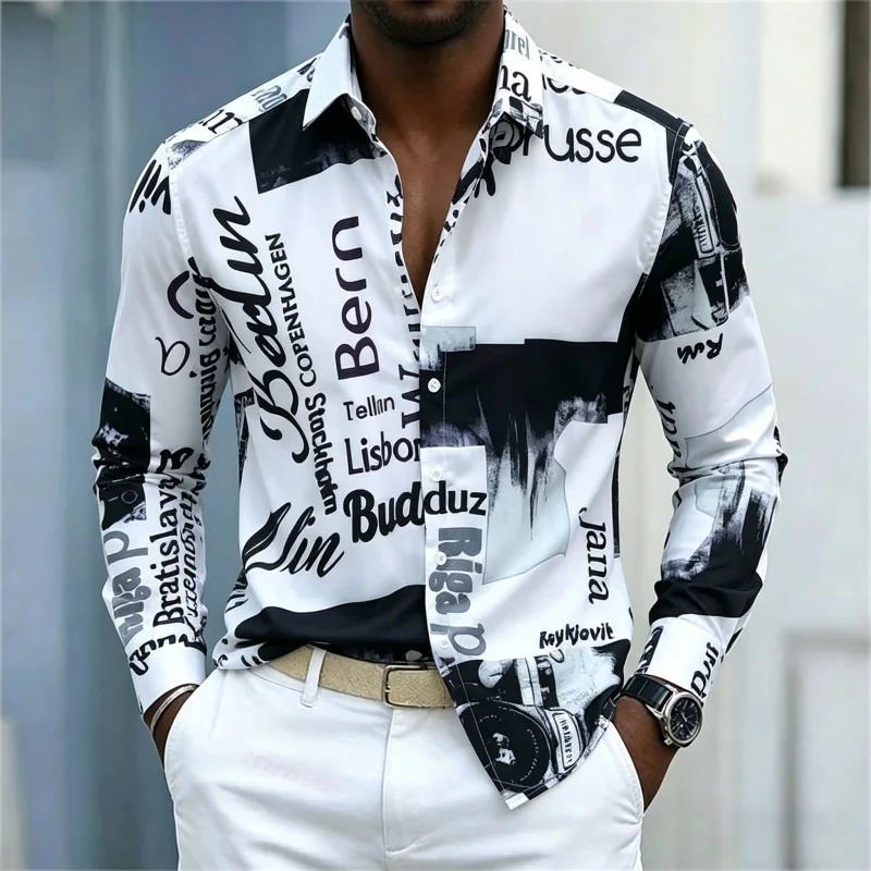 Fashion Streetwear - Herrenhemd mit Print, Langarm, Slim-Fit mit