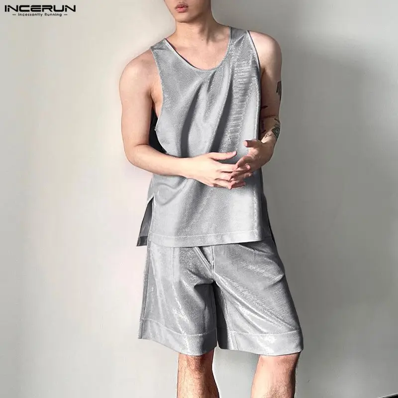 Fashion Streetwear - INCERUN Herren-Sets, glänzend, einfarbig, O-Ausschnitt, ärmellose