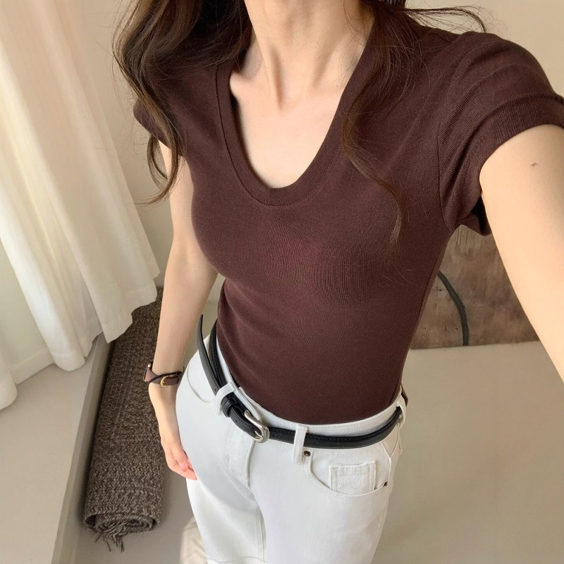 Fashion Streetwear - U-Ausschnitt Schulterfreies Kurzarm-T-Shirt für Damen, Sommer