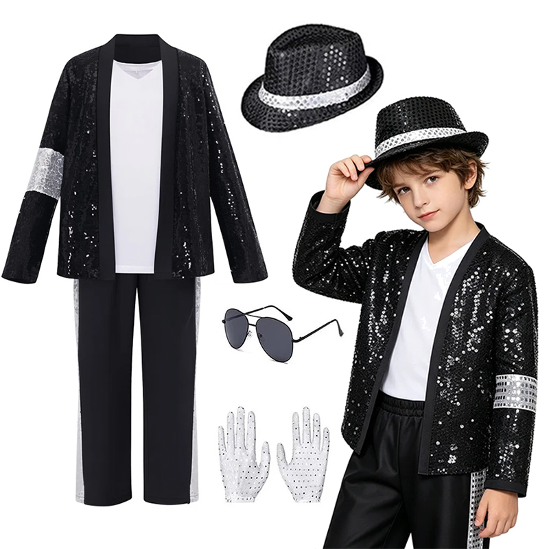 Street Fashion Hats - Kinder Hip-Hop-Popstar-Kostüm mit Pailletten, Hut, Handschuhen