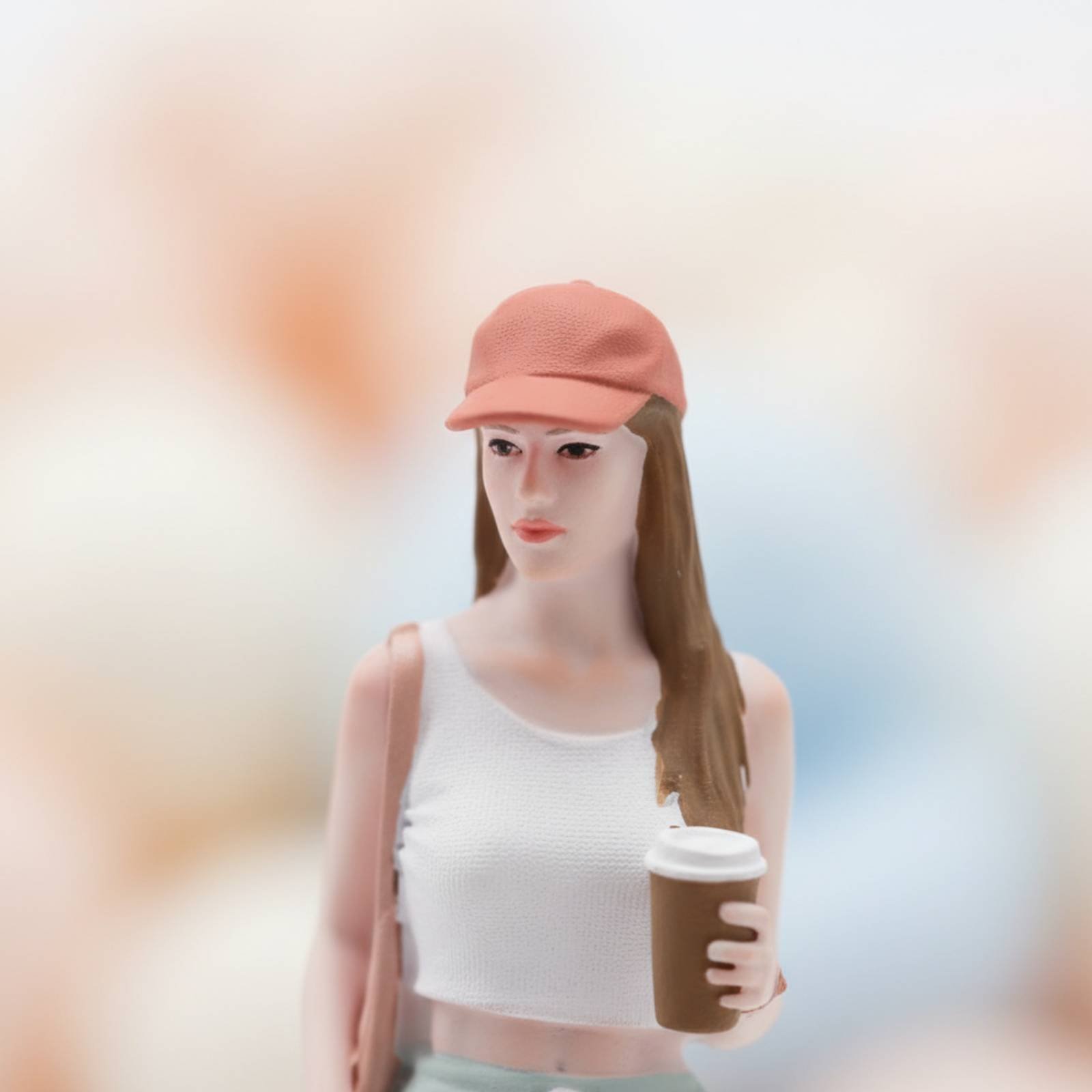 Street Fashion Pose - Mädchenfigur mit Kaffee, Farbenfrohe Straßenmode-Miniatur, Mini-Frauenstatue,